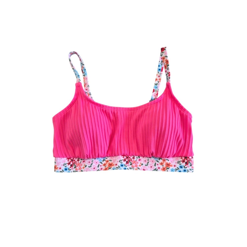 Hot Pink Ribbed Floral Trim Scoop Neck Bikini Top Size‎ Medium